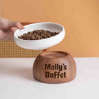 Personalized Engraved Name Ceramic Dog/Cat or Small Breeds Pet Buffet Bowl with Wood Stand. Food and Water Feeding Dish with Elevated Base