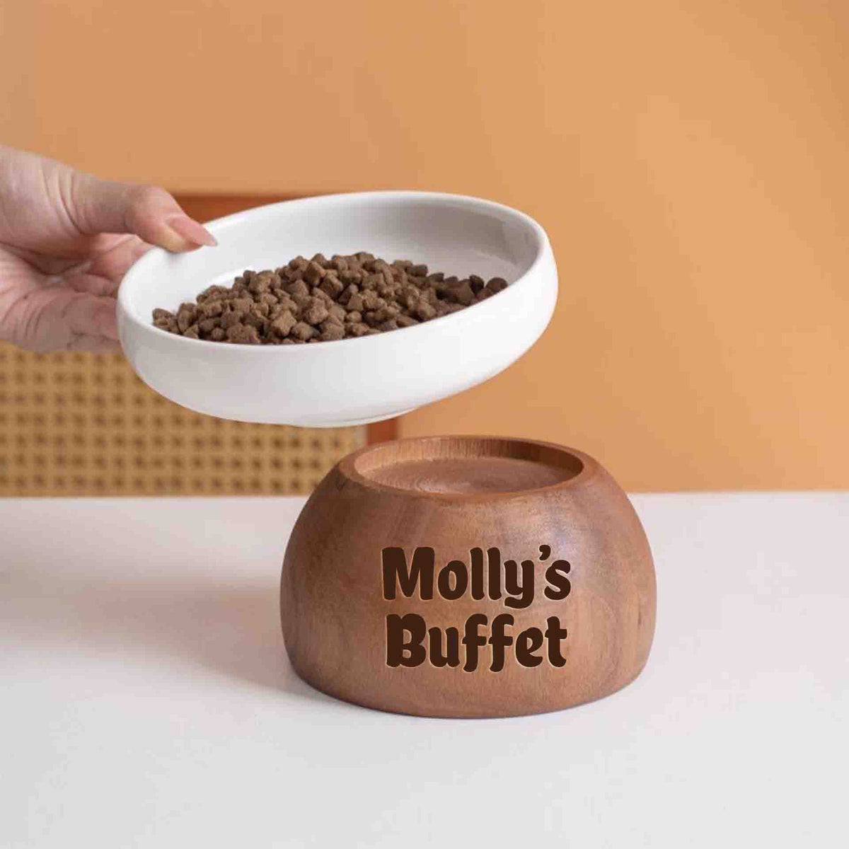 Personalized Engraved Name Ceramic Dog/Cat or Small Breeds Pet Buffet Bowl with Wood Stand. Food and Water Feeding Dish with Elevated Base