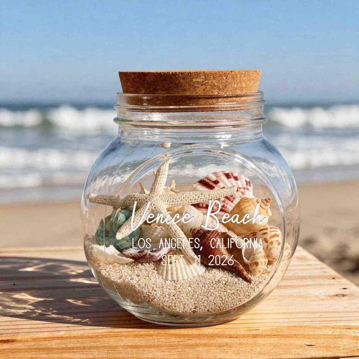Personalized Vacation Souvenir Keepsake Glass Jar | Custom Engraved Beach, National Park Trail & Travel Memory Holder