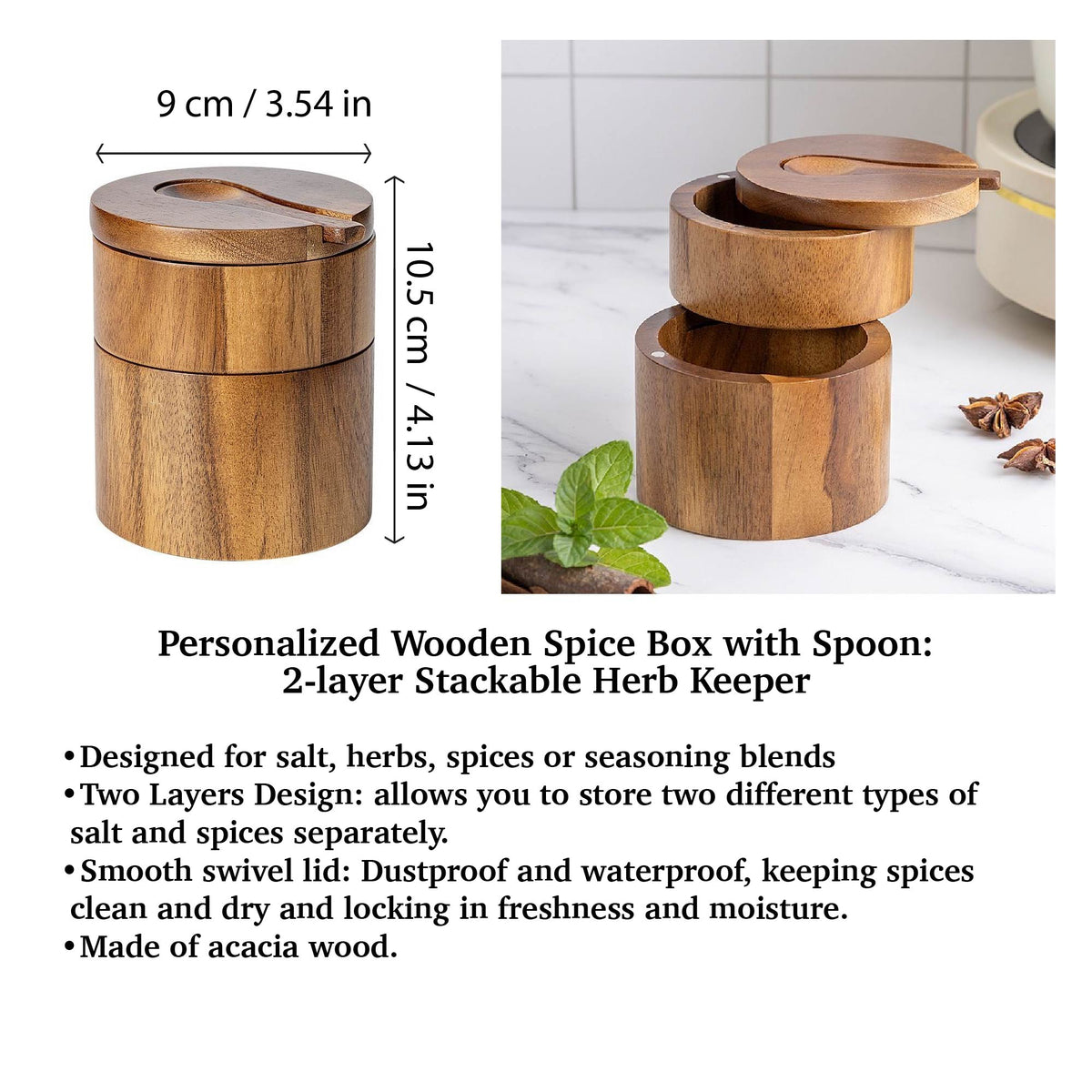 Personalized Grandma/Nana/Grammy/Grandpa Wooden Spice Box with Spoon: 2-layer Stackable Herb Keeper