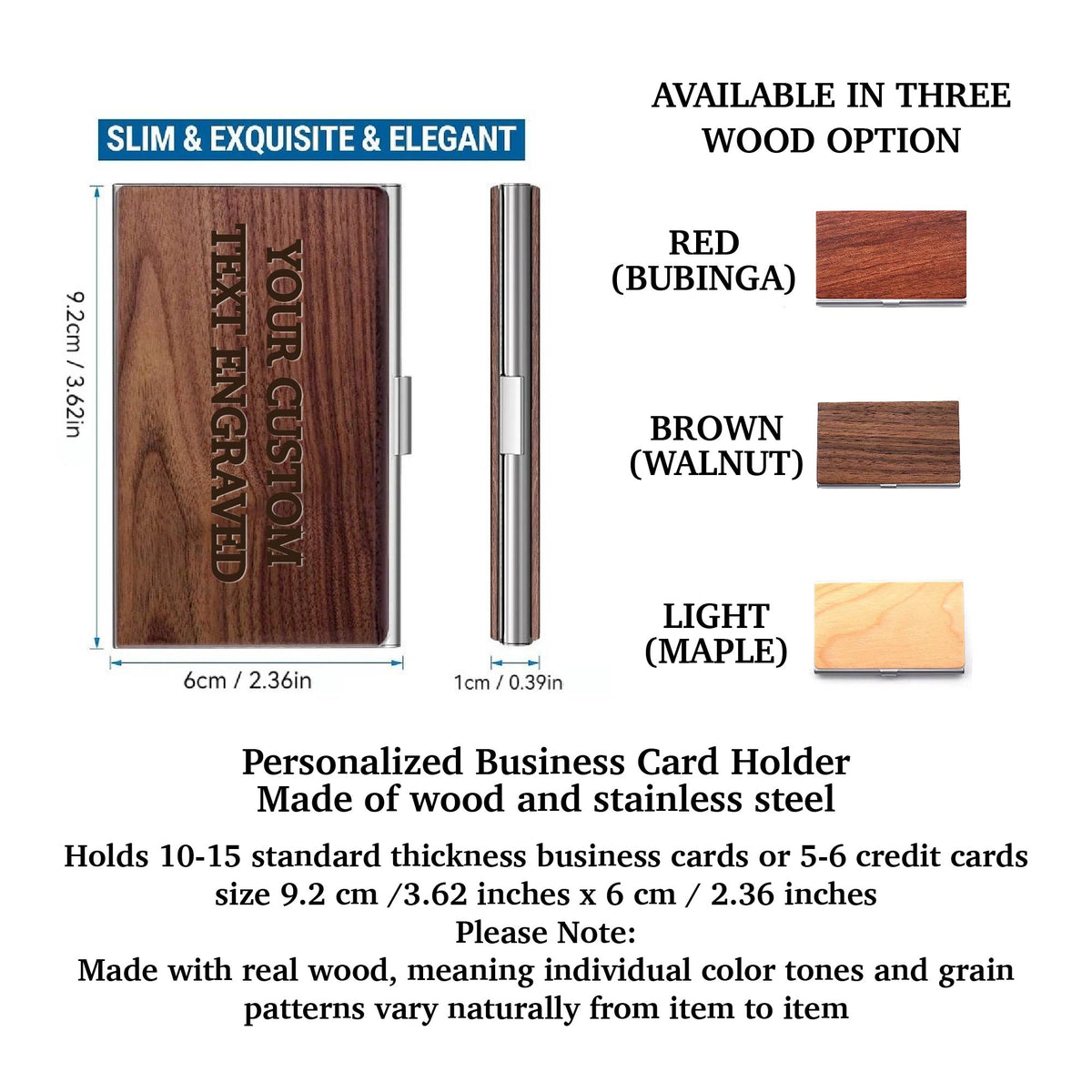 Personalized Wood / Stainless steel Business Card Holder: Engraved with name/title, Corporate Gift