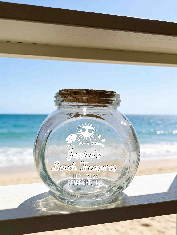 Custom Engraved Beach Treasures & Keepsake Glass Storage Jar – Custom Sea Glass Coastal Display Container