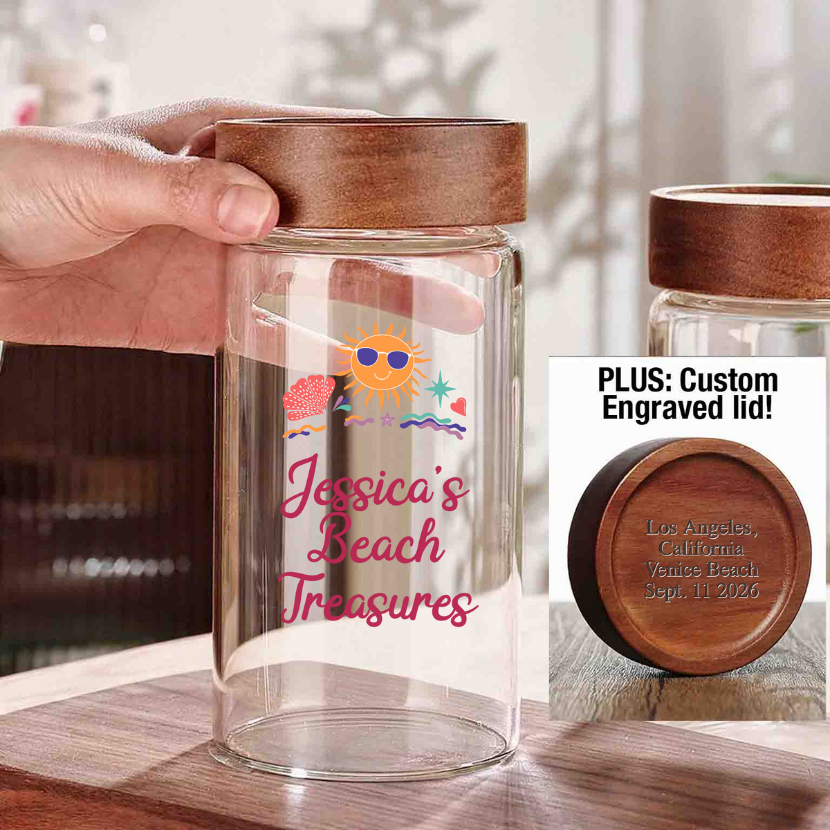 Personalized Beach Treasures Jar with Engraved Wood lid, Custom Seashell Collection Holder, Seashell Keepsake Shells Glass Storage Jar, Beach Decor