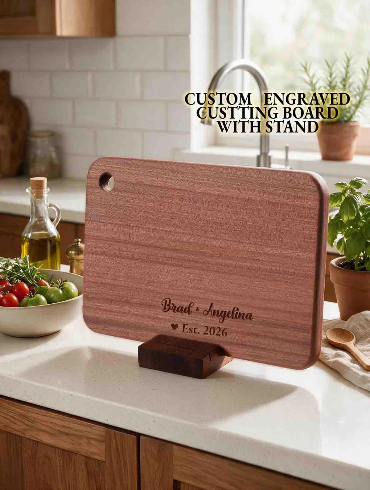 Personalized Solid Wood Cutting Board with Stand, Single Piece African Wood Chopping Board, Engraved New Couple Gift, Wedding Gift