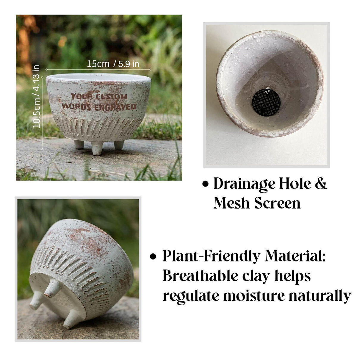 Personalized Engraved Terracotta Distressed Flower Pot, Vintage Style Handmade Clay Planter with Drainage Holes, Gift for Grandma Grandpa