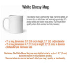 a white coffee mug with information about it