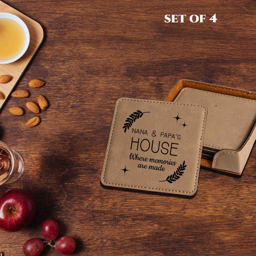 Grandma Grandpa House Coaster Set, Set of 4 Vegan Leather Coasters, Custom Nana, Grammy, Mimi Kitchen Gift