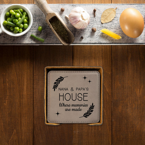 Grandma Grandpa House Coaster Set, Set of 4 Vegan Leather Coasters, Custom Nana, Grammy, Mimi Kitchen Gift