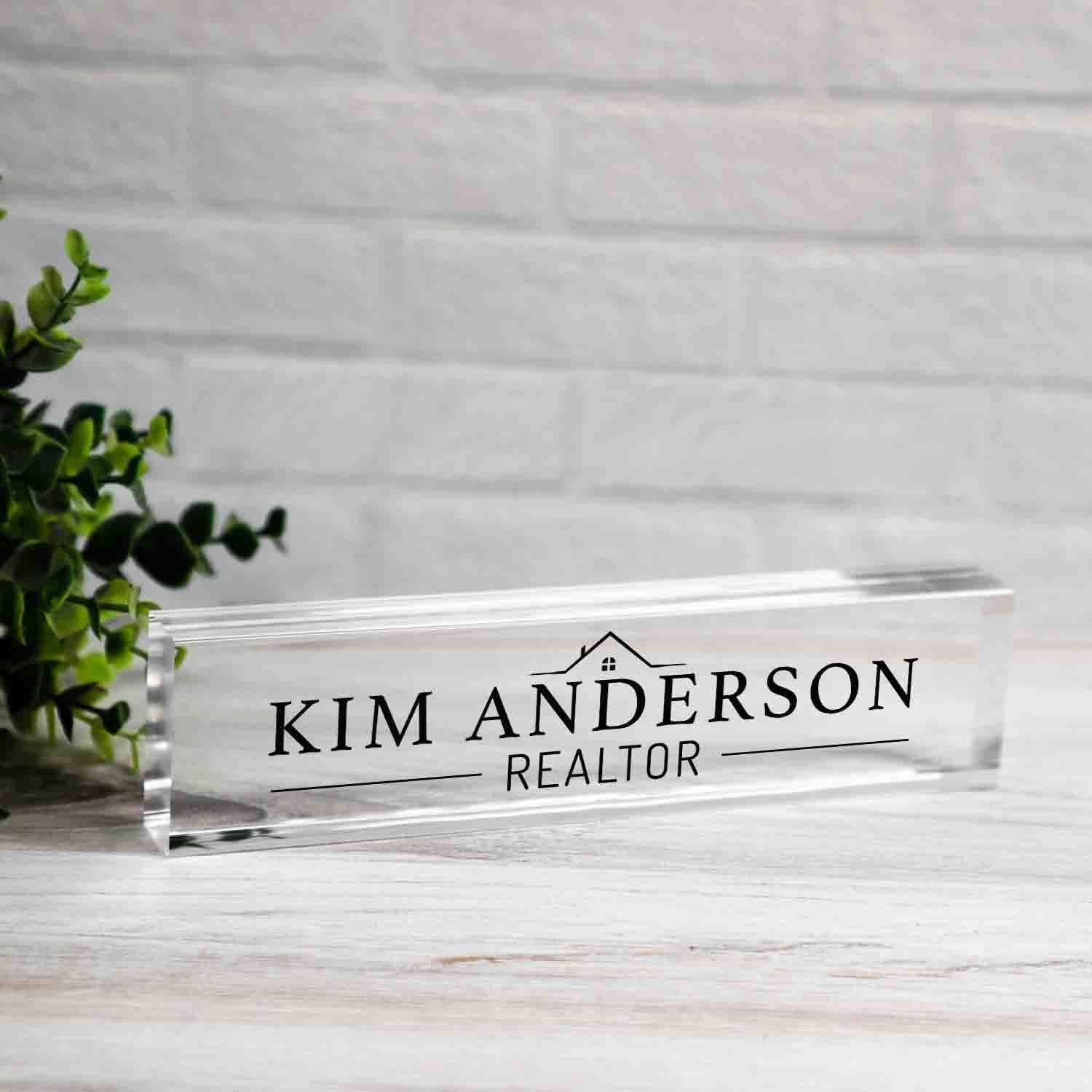 Personalized Nameplate for Realtor or any title, Custom Name Wedge, Desk Sign, Office Job Title Desk Bar Clear Name Plate