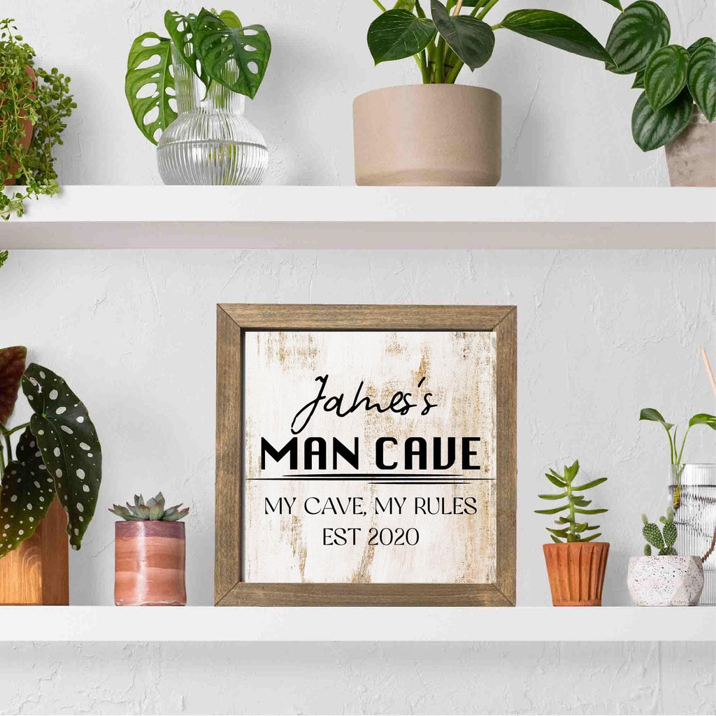 Personalized Man Cave Sign, Custom Rustic Cottage Sign, Custom Sign for Bar Game Poker Billiard Room My Cave Rules, Square Wooden Decor