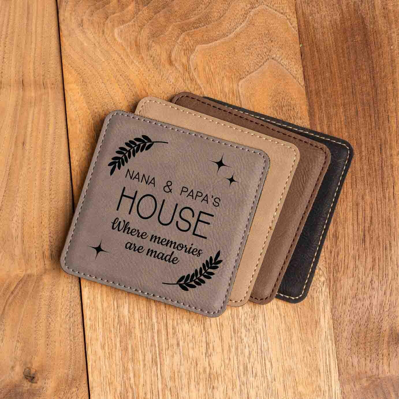 Grandma Grandpa House Coaster Set, Set of 4 Vegan Leather Coasters, Custom Nana, Grammy, Mimi Kitchen Gift