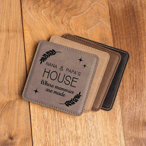 Grandma Grandpa House Coaster Set, Set of 4 Vegan Leather Coasters, Custom Nana, Grammy, Mimi Kitchen Gift