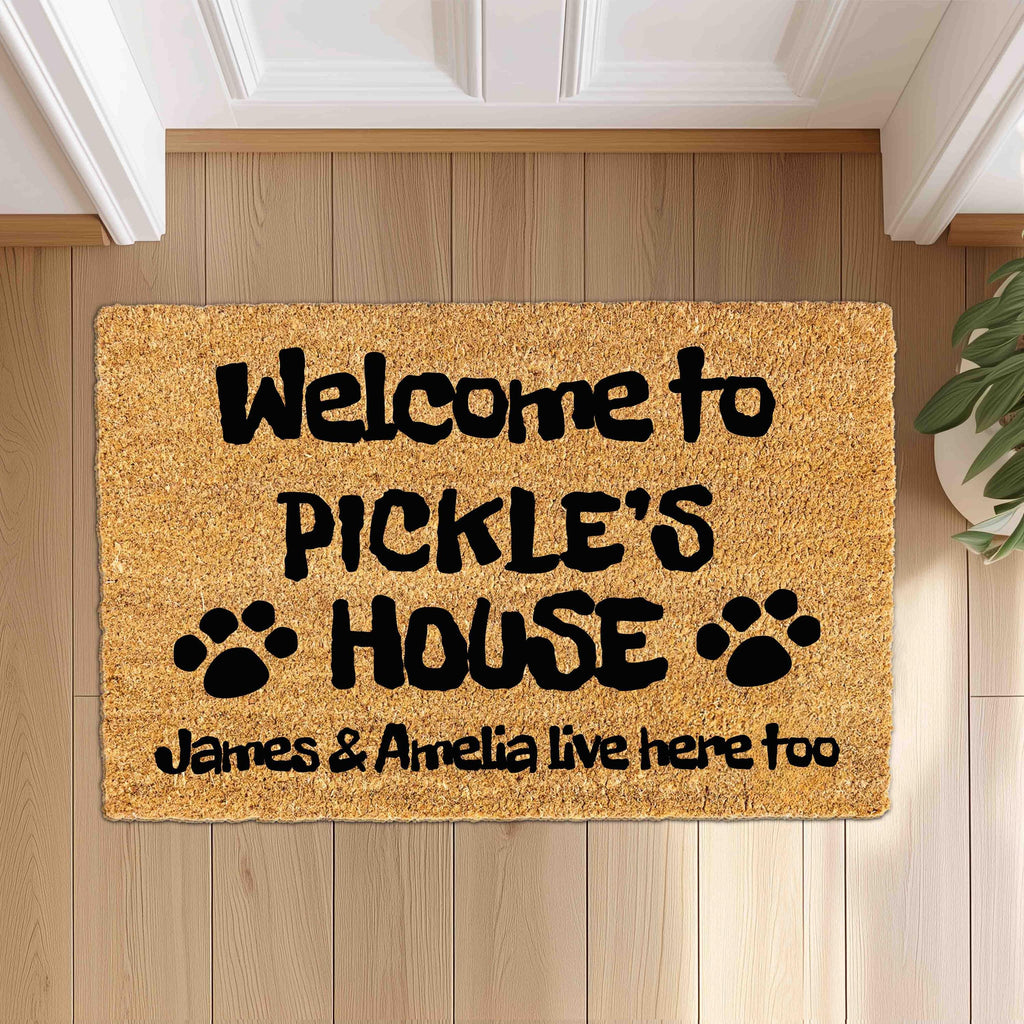 Personalized Funny Doormat with Dog / Cat Pet Names, Custom Family Home Welcome Doormat, Housewarming Gift, House Decor Outdoor Mat