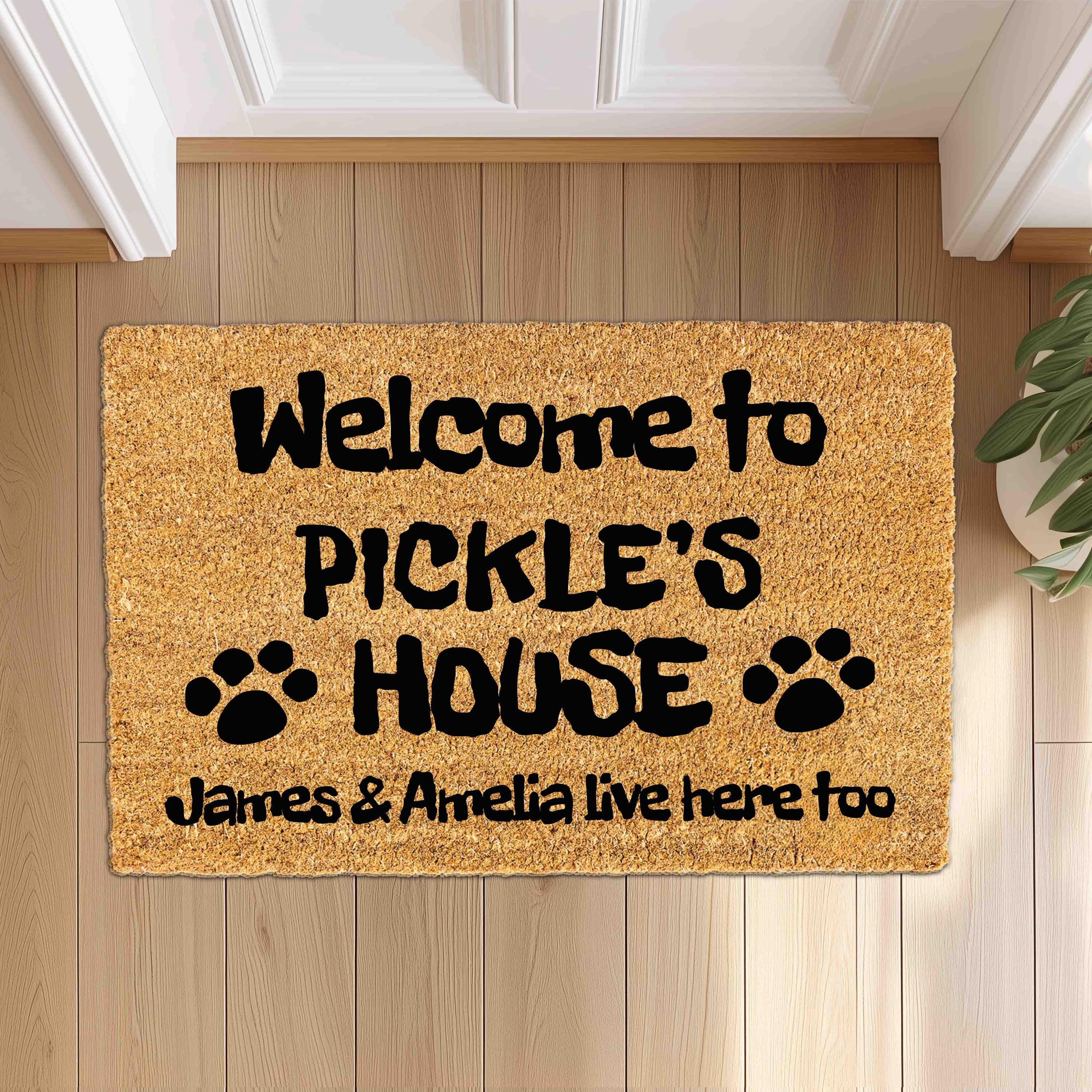 Personalized Funny Doormat with Dog / Cat Pet Names, Custom Family Home Welcome Doormat, Housewarming Gift, House Decor Outdoor Mat