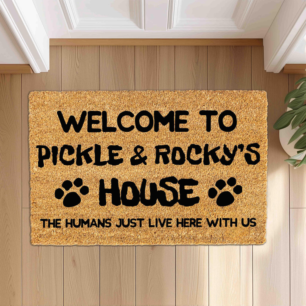Personalized Funny Doormat with Dog / Cat Pet Names, Custom Family Home Welcome Doormat, Housewarming Gift, House Decor Outdoor Mat