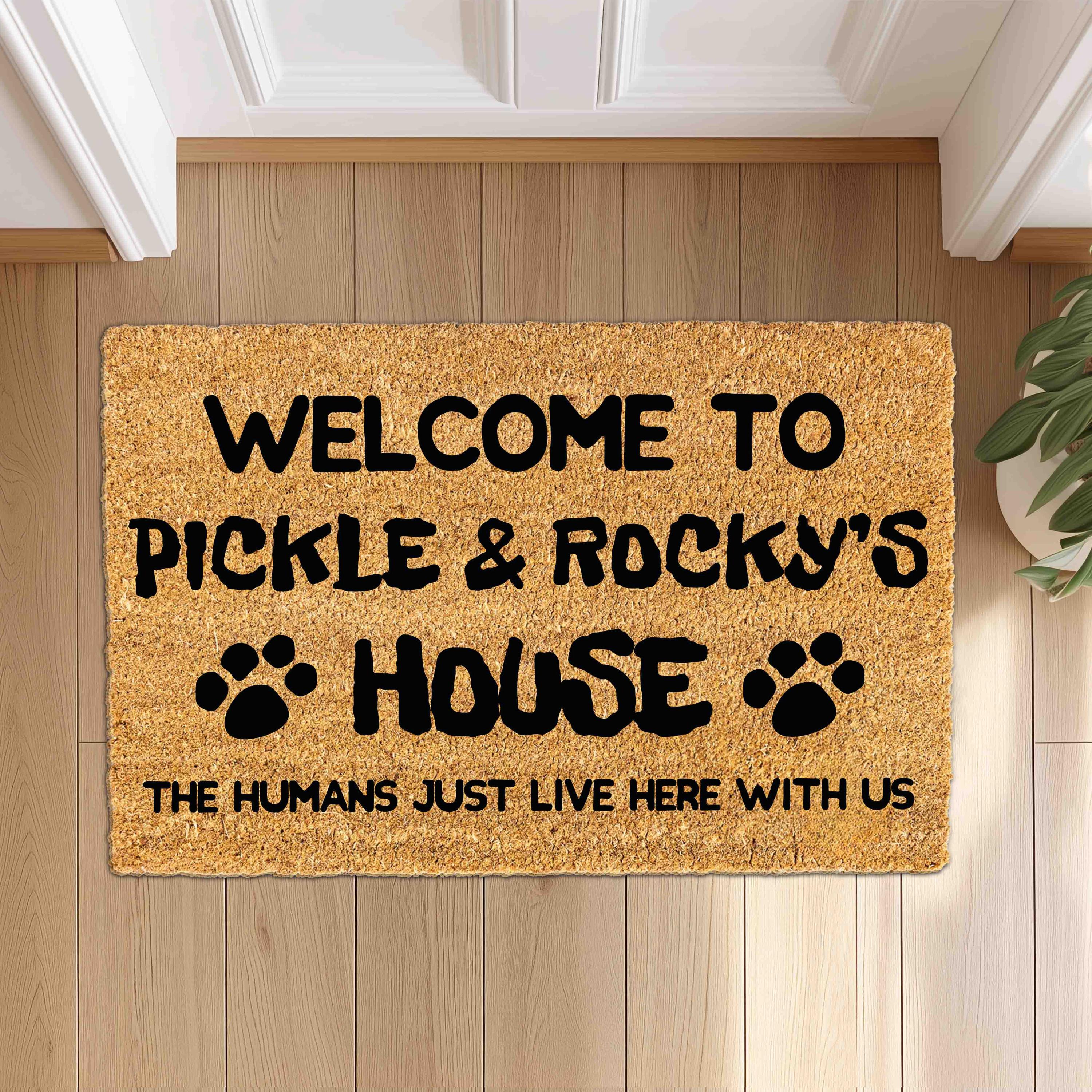 Personalized Funny Doormat with Dog / Cat Pet Names, Custom Family Home Welcome Doormat, Housewarming Gift, House Decor Outdoor Mat