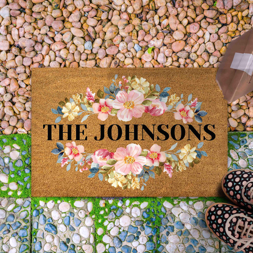 Personalized Welcome Doormat with Family Name, Custom Floral last name doormat, Housewarming Gift, House Decor Outdoor Mat