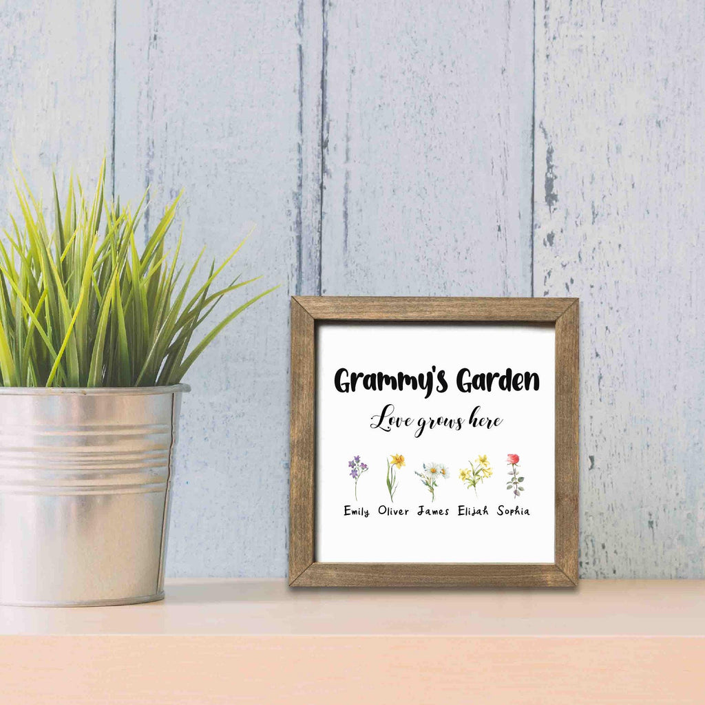 Personalized Grandma's Garden Sign, Custom Grammy's Garden Sign, Home Decor with Birth Flower Grandkids' Names, Square Wooden Decor