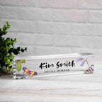 Personalized Nameplate for Social Worker or any title, Custom Name Wedge, Floral Desk Sign Decor, Office Job Title Desk Bar Clear Name Plate