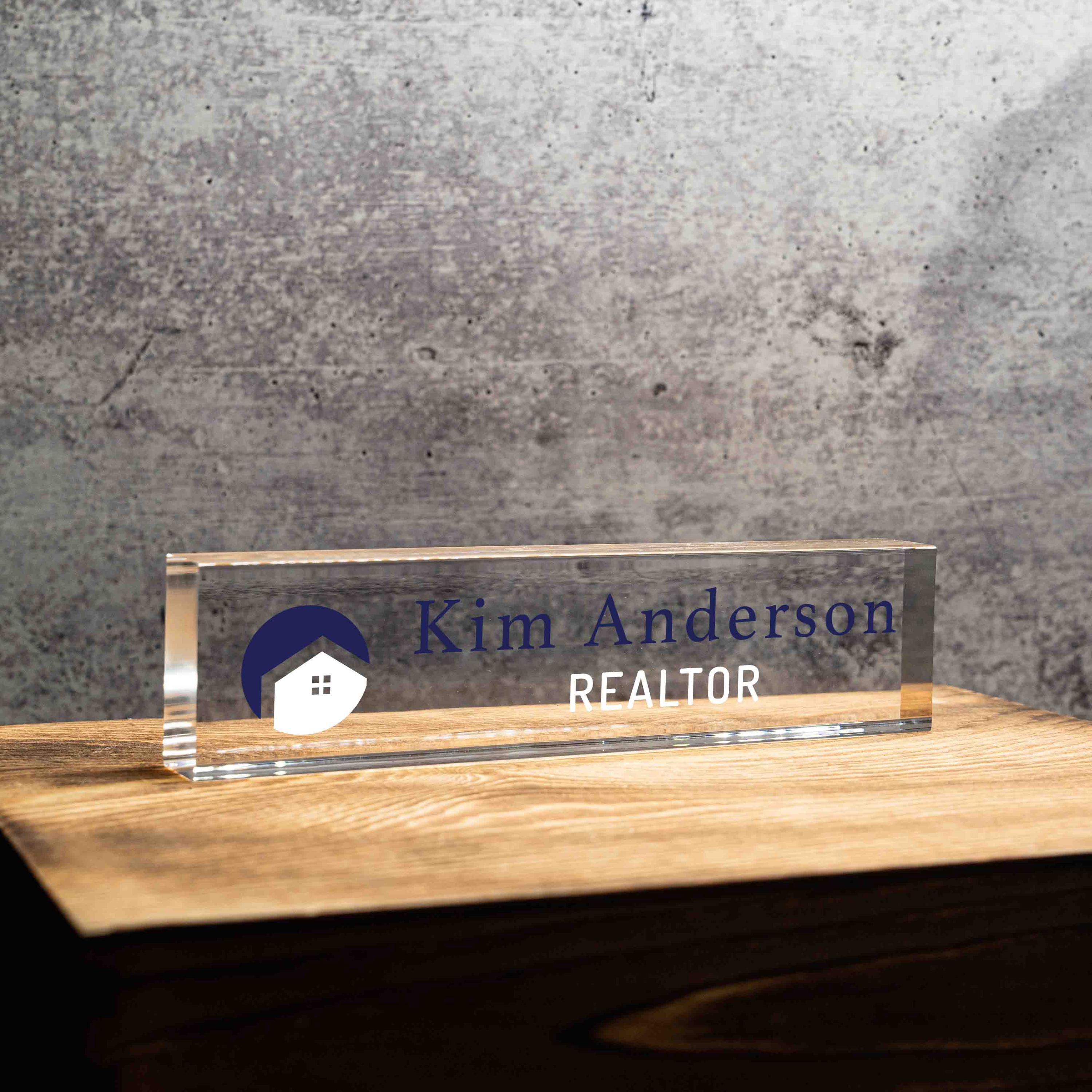 Personalized Nameplate for Realtor or any title, Custom Name Wedge, Desk Sign, Office Job Title Desk Bar Clear Name Plate