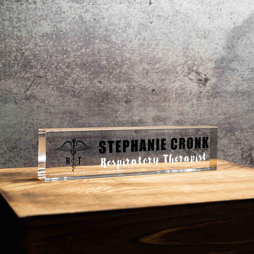 Personalized Nameplate for Respiratory therapist or any title, Custom Name Wedge, Desk Sign, Office Job Title Desk Bar Clear Name Plate