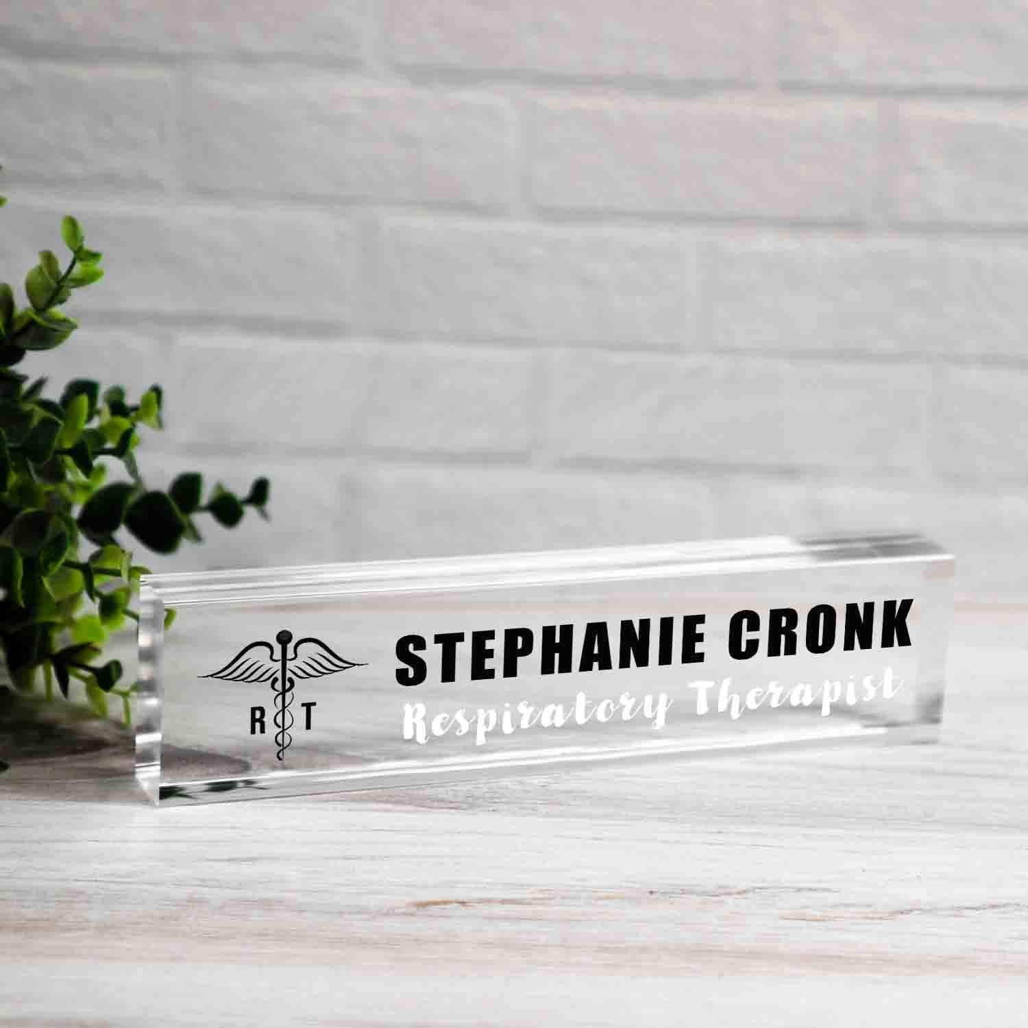 Personalized Nameplate for Respiratory therapist or any title, Custom Name Wedge, Desk Sign, Office Job Title Desk Bar Clear Name Plate
