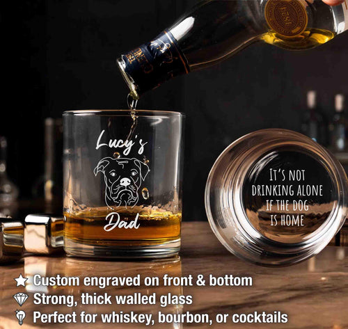 It’s not drinking alone if the dog is home. Personalized Funny Dog Face Whiskey Glasses, Custom Engraved Rocks Glass, Dog lover Gift