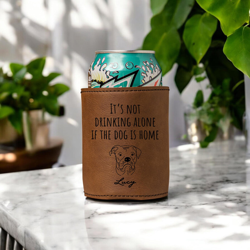 Personalized Funny Dog leather drink sleeves, beverage holders, beer can cooler, bottle Coolie