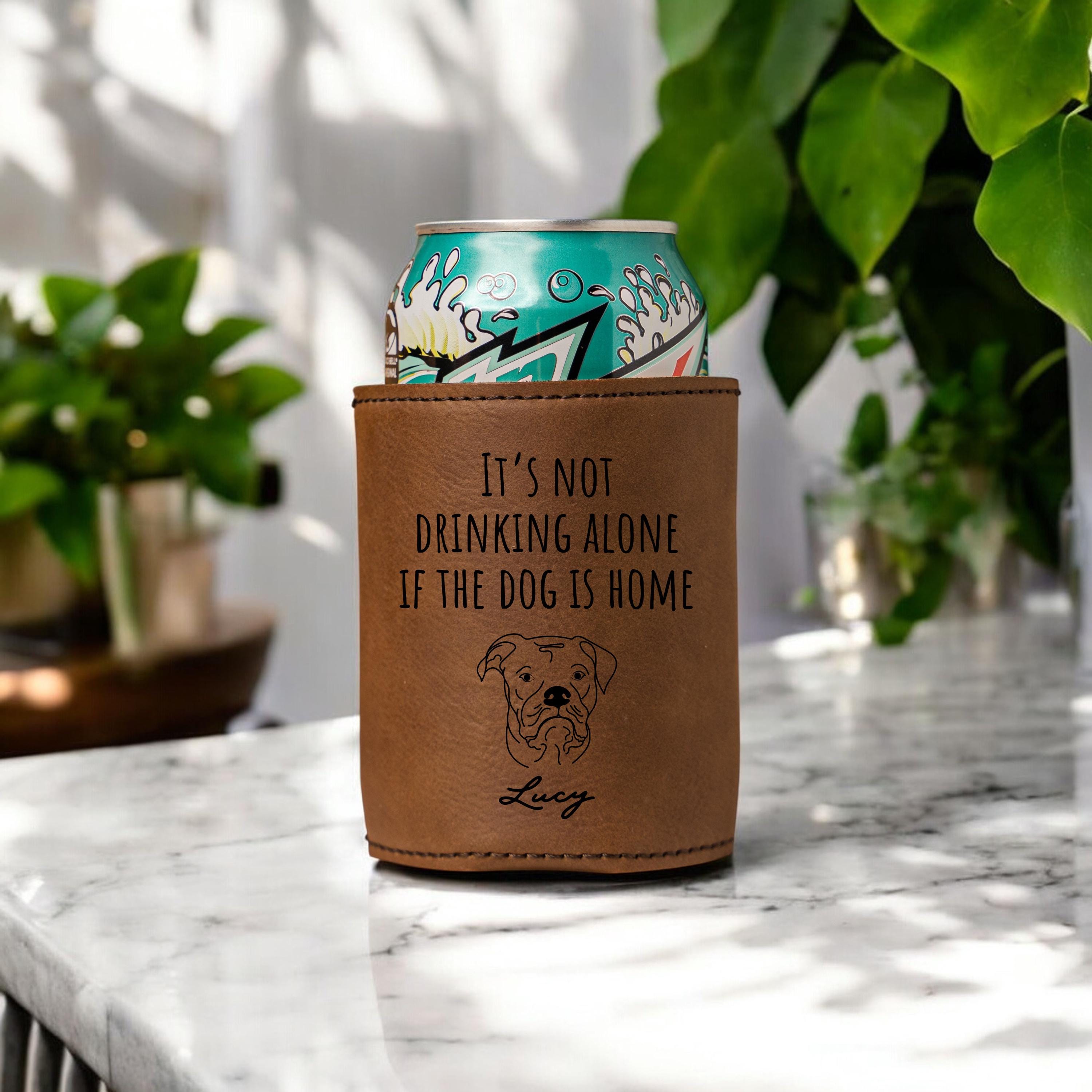 Personalized Funny Dog leather drink sleeves, beverage holders, beer can cooler, bottle Coolie