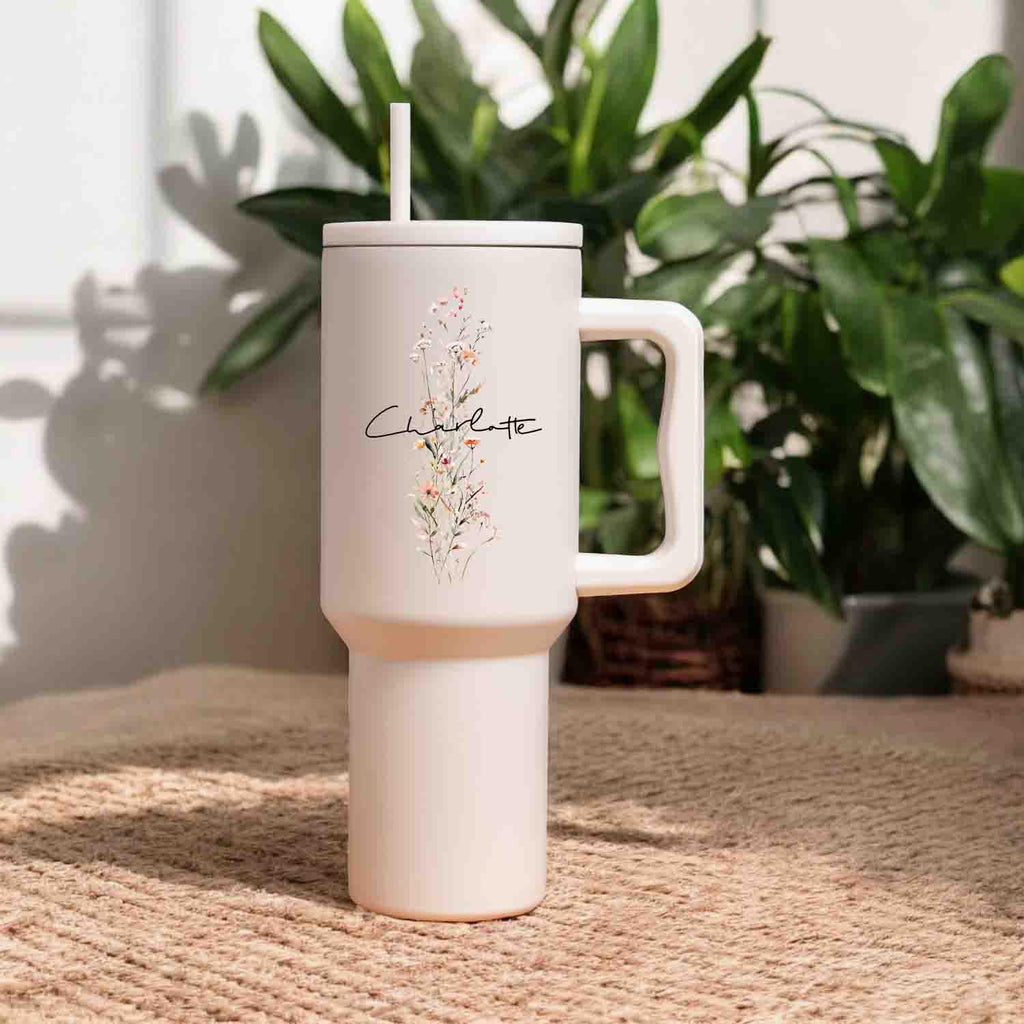 Personalized wildflower name tumbler, 40 oz Large Double Wall Insulated Stainless Steel Tumbler, Leak Proof lid Straw, Travel Cup