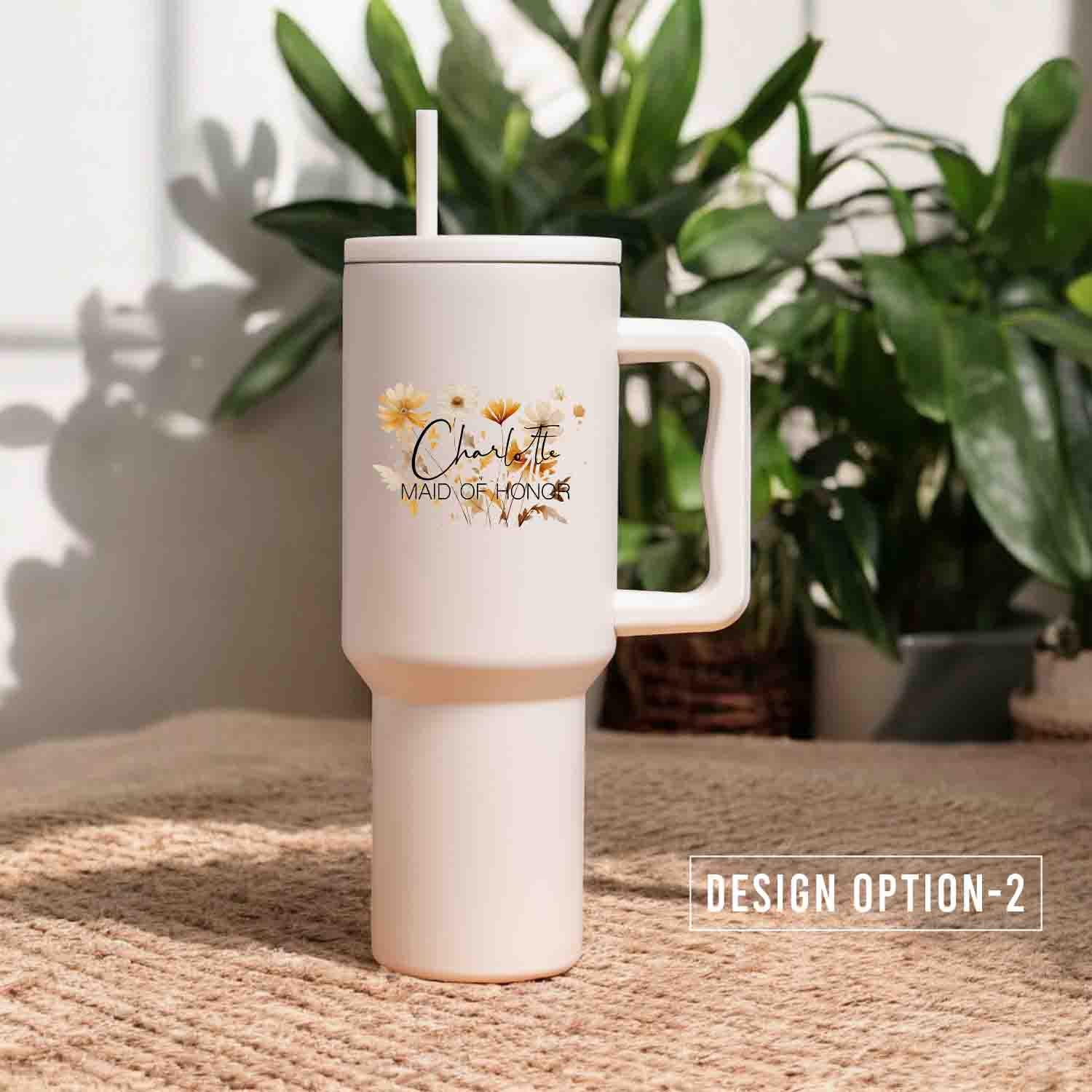 Personalized wildflower tumbler with name wedding title, 40oz Large Double Wall Insulated Stainless Steel Tumbler, Leak Proof lid Straw