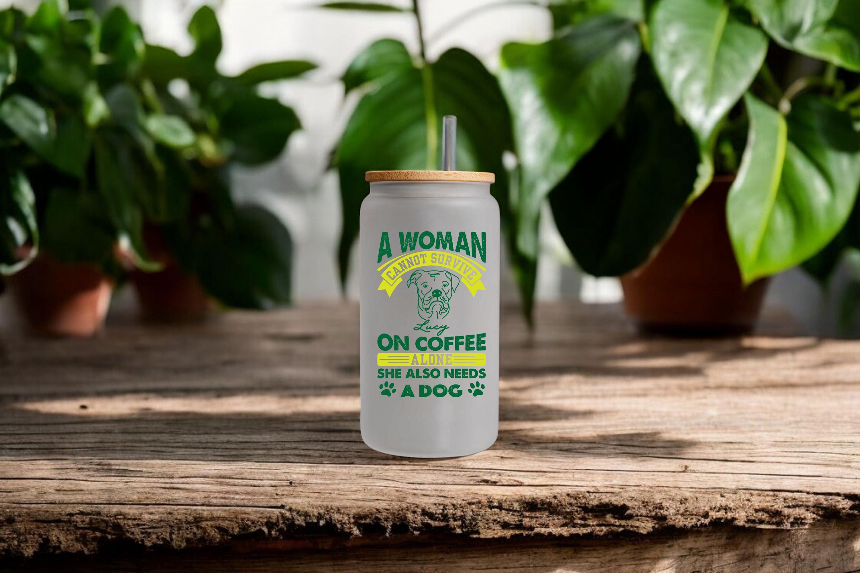 Personalized Funny Dog Glass Coffee Can, Cup with Bamboo Lids and Glass Straw, Beer Shaped Iced Coffee Glass Clear Frosted Tea Glass, 16oz