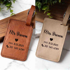 Personalized new couple matching luggage tag, Custom Mr Mrs. Newlywed Honeymoon gift, travel outdoor gift for groom & bride, Vegan Leather