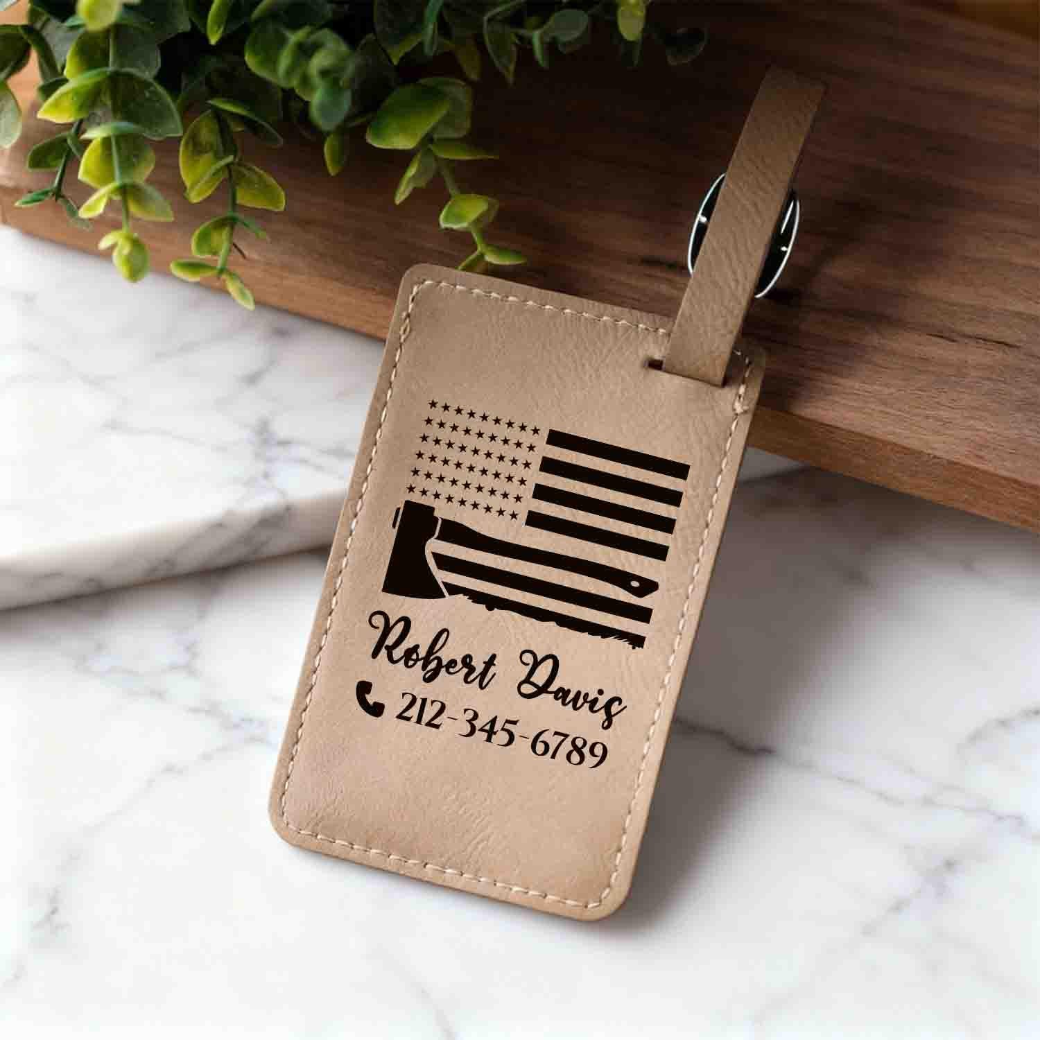 Personalized luggage tag for Firefighter, Custom Engraved Vegan Leather ID Tag for Suitcase, Bag
