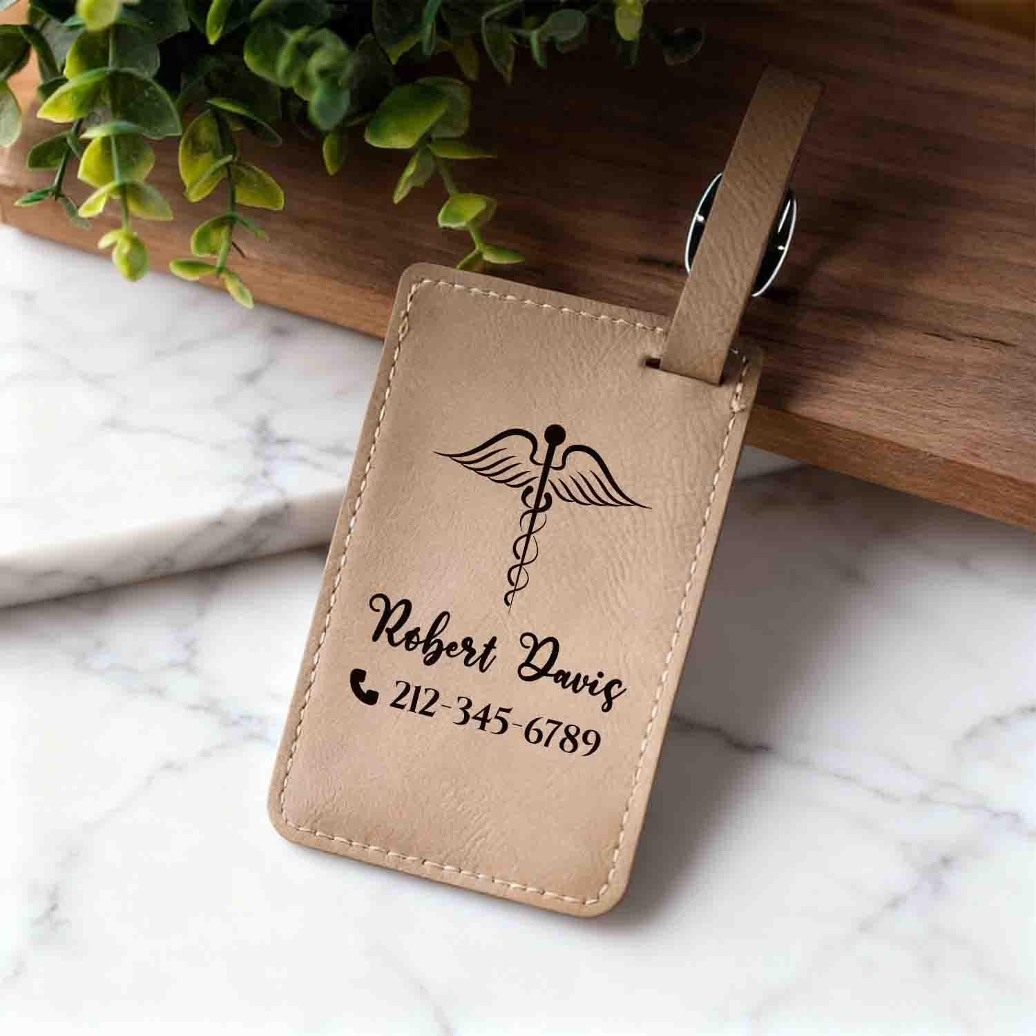 Personalized luggage tag for Registered Nurse, Doctor, and Medical Students, Healthcare, Custom Engraved Vegan Leather ID Tag for Suitcase