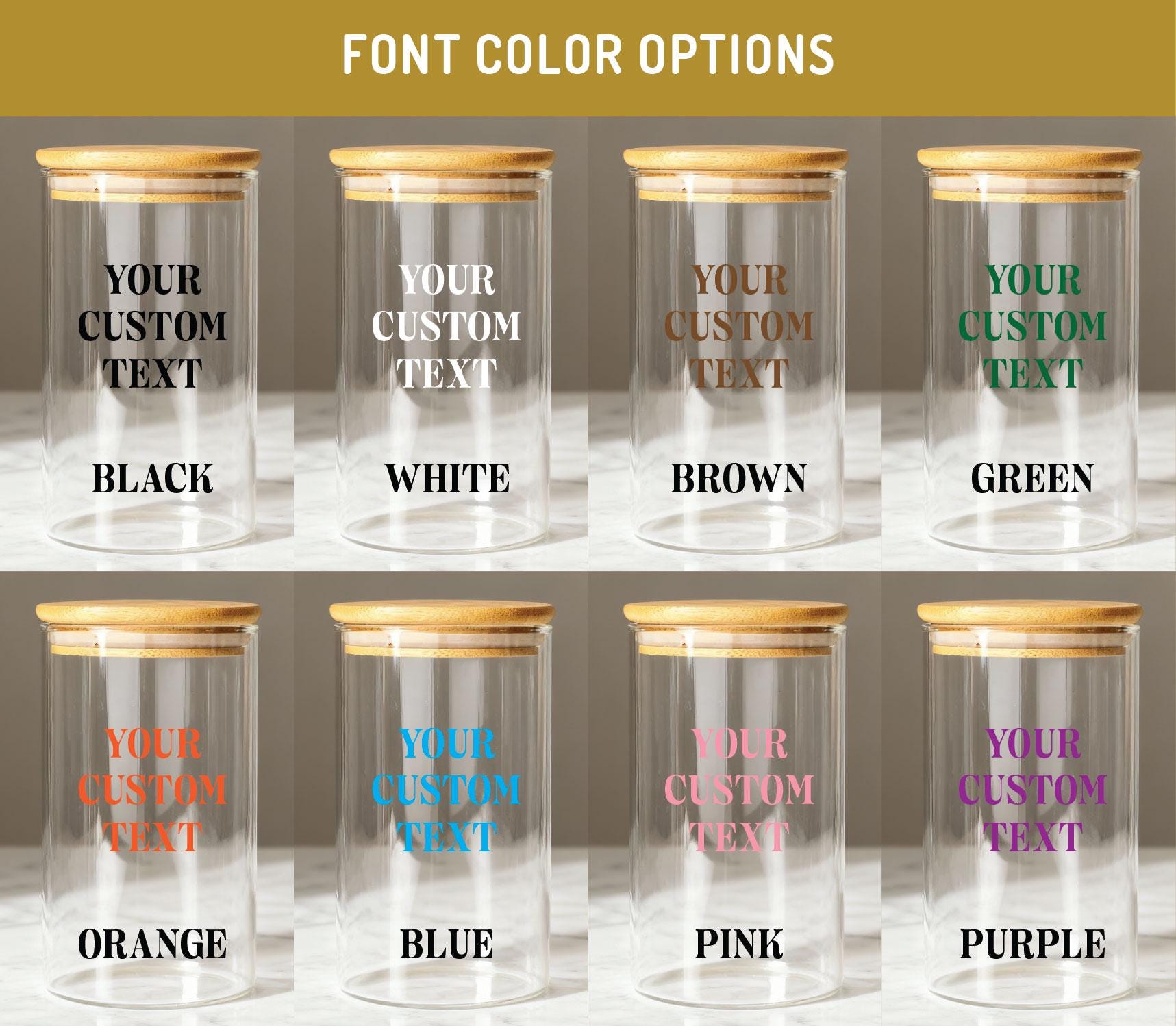 a collection of glass jars with wooden lids, each with a custom text label. The jars are arranged in a grid with two rows and three columns. The text labels on the jars are "YOUR CUSTOM TEXT" and include colors such as "BLACK", "WHITE", "BROWN", "GREEN", "ORANGE", "BLUE", and "PINK".