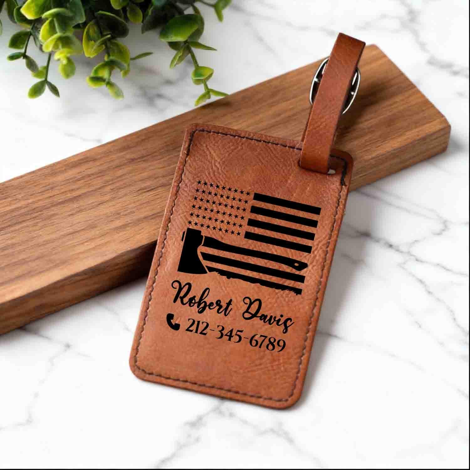 Personalized luggage tag for Firefighter, Custom Engraved Vegan Leather ID Tag for Suitcase, Bag