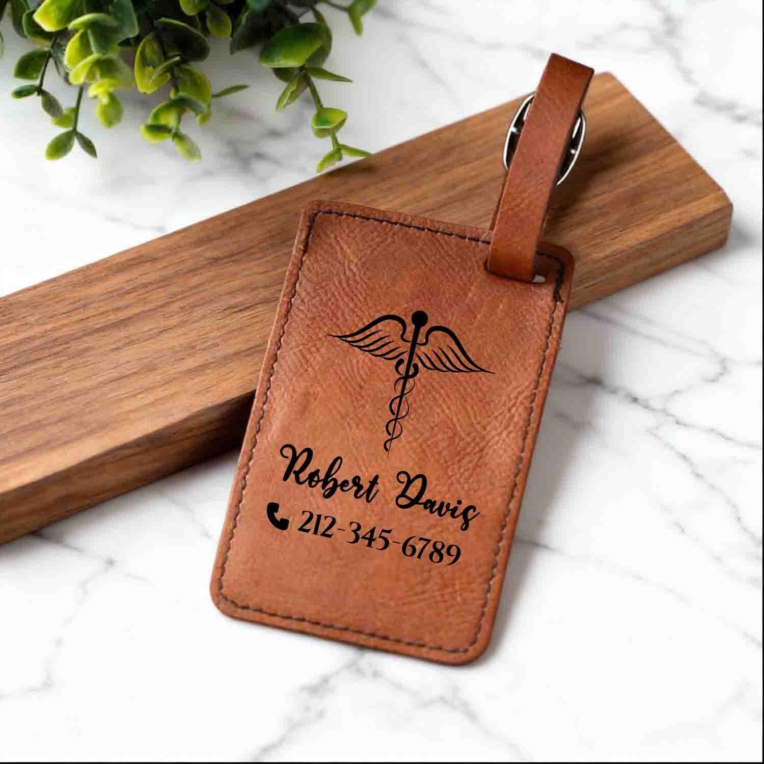 Personalized luggage tag for Registered Nurse, Doctor, and Medical Students, Healthcare, Custom Engraved Vegan Leather ID Tag for Suitcase