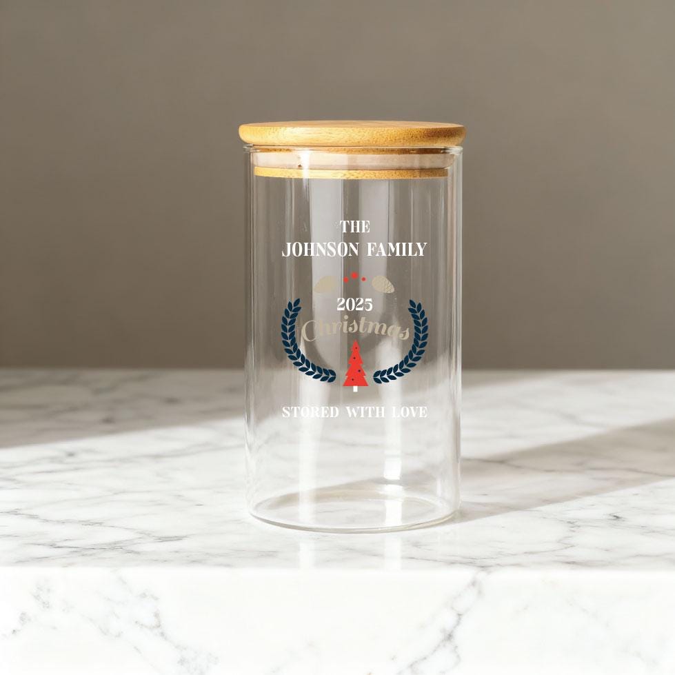 Personalized Family Christmas Glass Storage Jar with name and date, Custom 2025 Christmas Holiday Decor