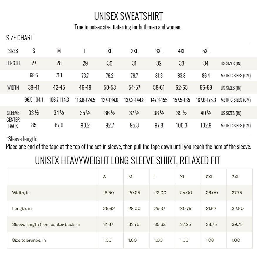 The image is a size chart for a sweatshirt, providing measurements for different sizes and styles.