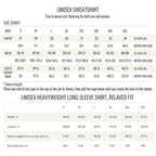 The image is a size chart for a sweatshirt, providing measurements for different sizes and styles.