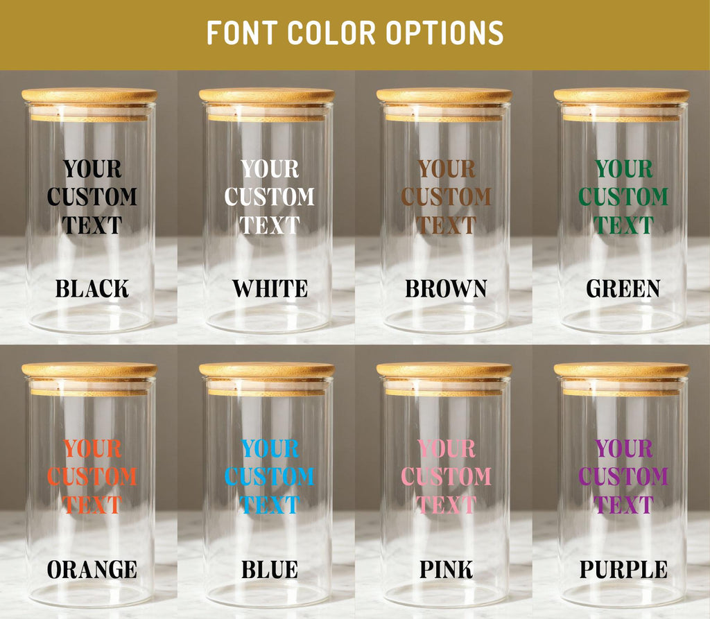 a collection of glass jars with wooden lids, each with a custom text label. The jars are arranged in a grid with two rows and three columns. The text labels on the jars are "YOUR CUSTOM TEXT" and include colors such as "BLACK", "WHITE", "BROWN", "GREEN", "ORANGE", "BLUE", and "PINK".