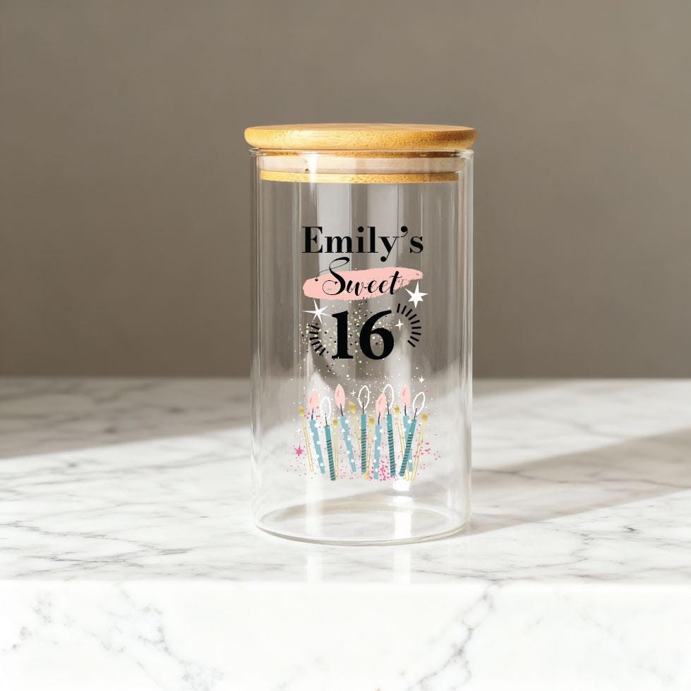 Personalized Sweet 16 Birthday DIY Gift Glass Jar, Custom Birthday Party Guests Message Jar - 16th Birthday Memory Jar
