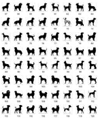 a grid of silhouettes depicting various dog breeds, each with a unique silhouette. The silhouettes are arranged in rows and columns, creating a visually striking collage of dog breeds.