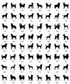a grid of silhouettes of various dog breeds, each representing a different breed. The silhouettes are black and appear to be stylized or abstract, rather than depicting a realistic image of a dog. The image is not a single, continuous scene but rather a collection of individual images arranged in a grid format.