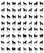 a grid of silhouettes of various dog breeds, each representing a different breed. The silhouettes are black and appear to be stylized or abstract, rather than depicting a realistic image of a dog. The image is not a single, continuous scene but rather a collection of individual images arranged in a grid format.