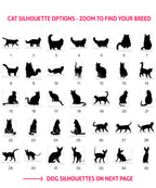 a collection of silhouettes depicting various cat and dog breeds, along with a directional arrow pointing to the "DOG SILHOUETTE OPTIONS - ZOOM TO FIND YOUR BREED" section.