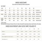 The image is a size chart for a sweatshirt, providing measurements for different sizes and styles.