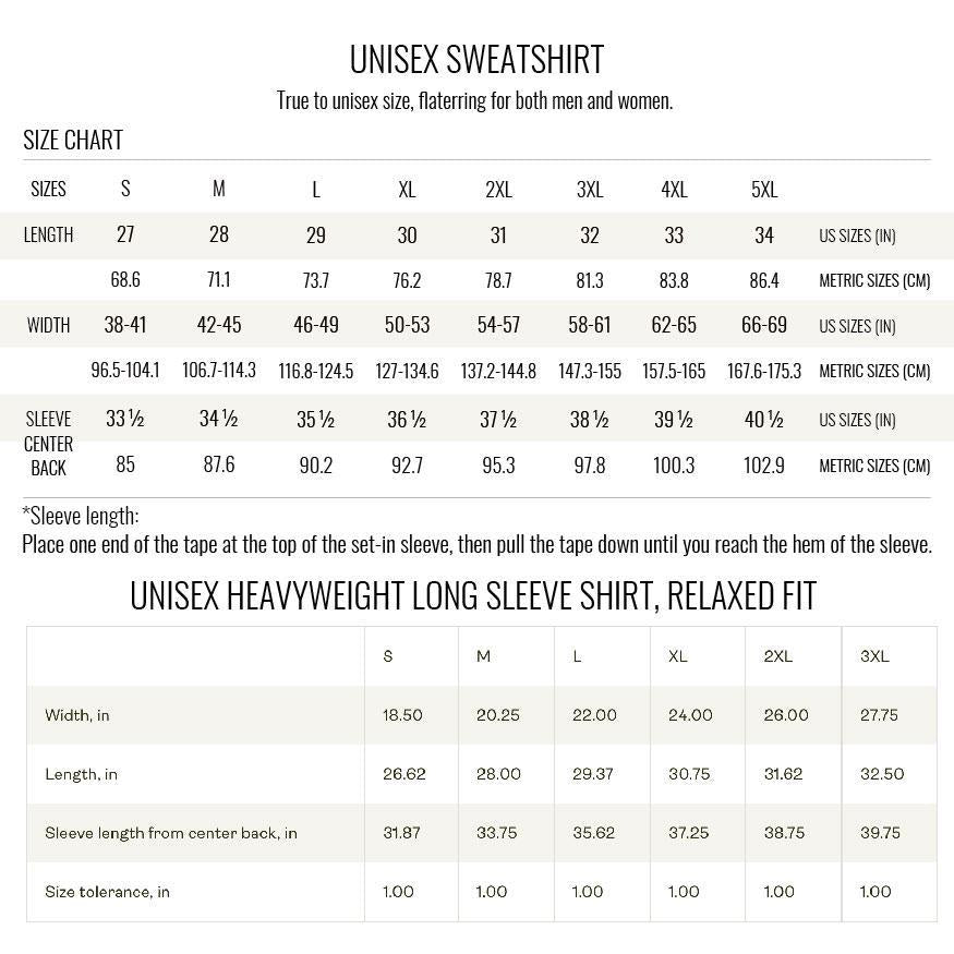The image is a size chart for a sweatshirt, providing measurements for different sizes and styles.