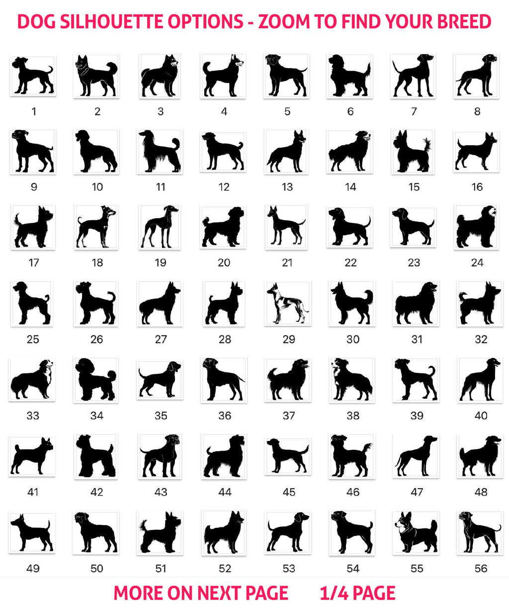 a grid of silhouettes of various dog breeds, with each silhouette representing a different breed. The silhouettes are arranged in rows and columns, and the image includes text that provides information about the silhouettes, such as "Zoom to find your breed" and "MORE ON NEXT PAGE 1/4 PAGE".